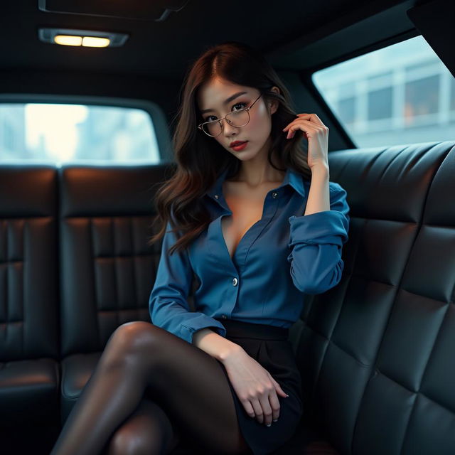 A stunning and sexy Japanese secretary sitting in the back of a luxurious limousine