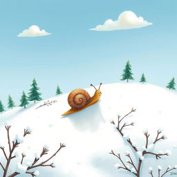 In a serene winter setting, a small snail is making its way up a snow-covered hillside, illustrated in the whimsical style of Jon Klassen
