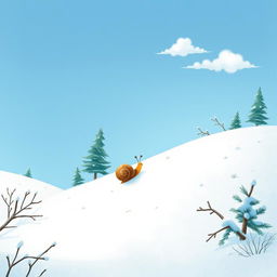 In a serene winter setting, a small snail is making its way up a snow-covered hillside, illustrated in the whimsical style of Jon Klassen