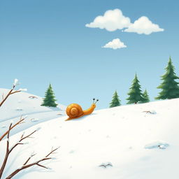 In a serene winter setting, a small snail is making its way up a snow-covered hillside, illustrated in the whimsical style of Jon Klassen