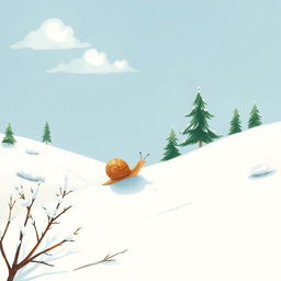 In a serene winter setting, a small snail is making its way up a snow-covered hillside, illustrated in the whimsical style of Jon Klassen