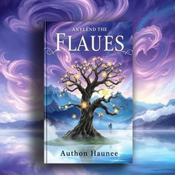A captivating book cover design featuring an ethereal, dreamlike landscape, with swirling clouds in shades of purple and blue, a majestic mountain range in the background, and a shimmering lake reflecting the sky