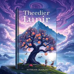 A captivating book cover design featuring an ethereal, dreamlike landscape, with swirling clouds in shades of purple and blue, a majestic mountain range in the background, and a shimmering lake reflecting the sky