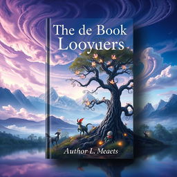 A captivating book cover design featuring an ethereal, dreamlike landscape, with swirling clouds in shades of purple and blue, a majestic mountain range in the background, and a shimmering lake reflecting the sky