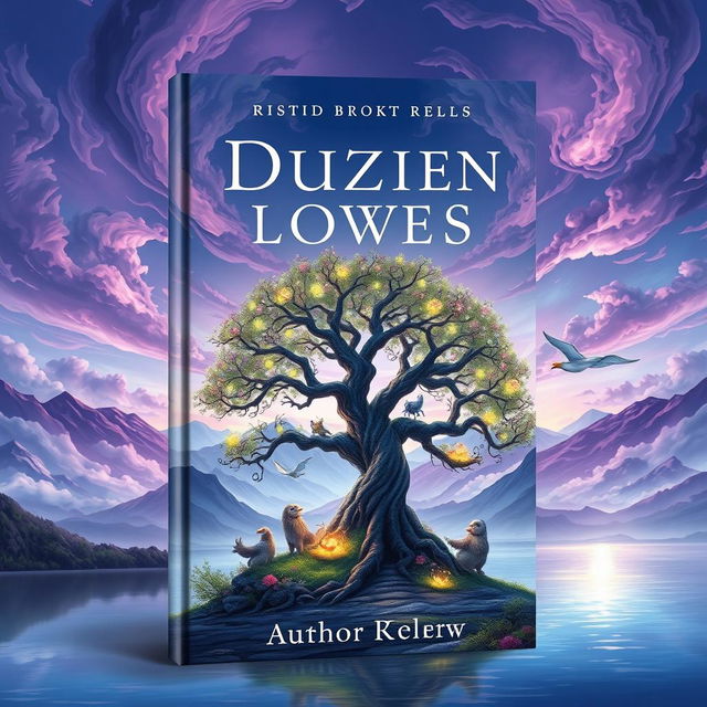 A captivating book cover design featuring an ethereal, dreamlike landscape, with swirling clouds in shades of purple and blue, a majestic mountain range in the background, and a shimmering lake reflecting the sky