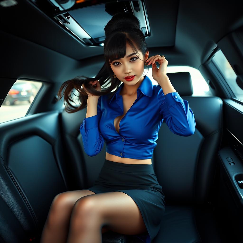 A stunning and alluring Japanese secretary sitting in the back of a luxurious limousine