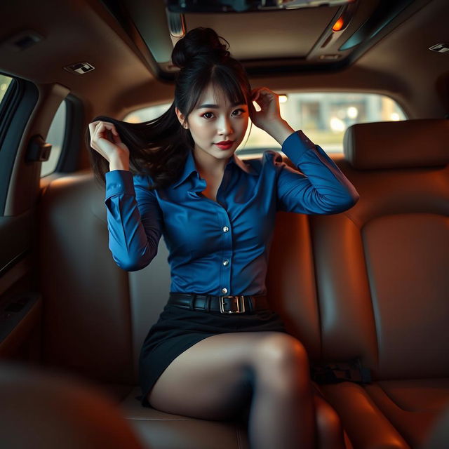 A stunning and alluring Japanese secretary sitting in the back of a luxurious limousine
