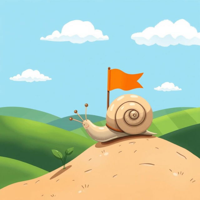 A small snail has finally reached the top of a hill, standing proudly in front of a tiny flag planted in the ground, illustrated in the charming style of Jon Klassen