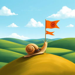 A small snail has finally reached the top of a hill, standing proudly in front of a tiny flag planted in the ground, illustrated in the charming style of Jon Klassen