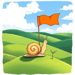 A small snail has finally reached the top of a hill, standing proudly in front of a tiny flag planted in the ground, illustrated in the charming style of Jon Klassen