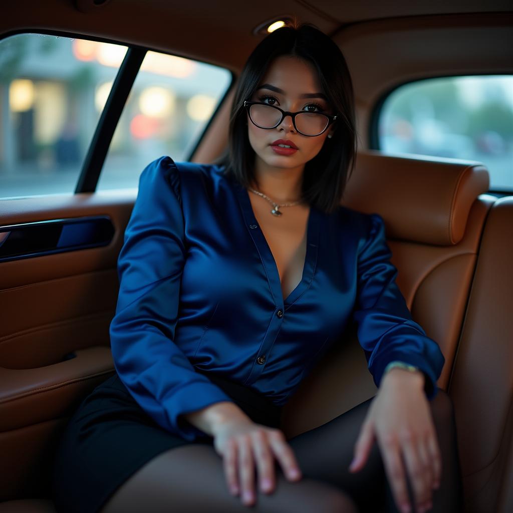 A stunning and sexy Japanese secretary sitting in the back of a luxurious limousine