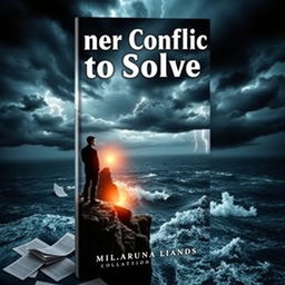 A dramatic and thought-provoking book cover for 'Inner Conflict to Solve', featuring a person standing at the edge of a cliff overlooking a turbulent sea under a stormy sky