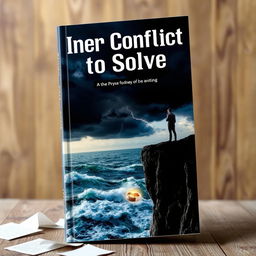 A dramatic and thought-provoking book cover for 'Inner Conflict to Solve', featuring a person standing at the edge of a cliff overlooking a turbulent sea under a stormy sky