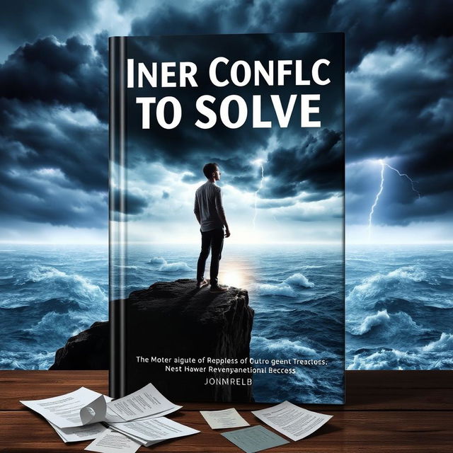 A dramatic and thought-provoking book cover for 'Inner Conflict to Solve', featuring a person standing at the edge of a cliff overlooking a turbulent sea under a stormy sky