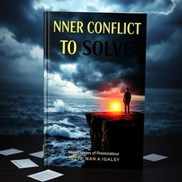 A dramatic and thought-provoking book cover for 'Inner Conflict to Solve', featuring a person standing at the edge of a cliff overlooking a turbulent sea under a stormy sky