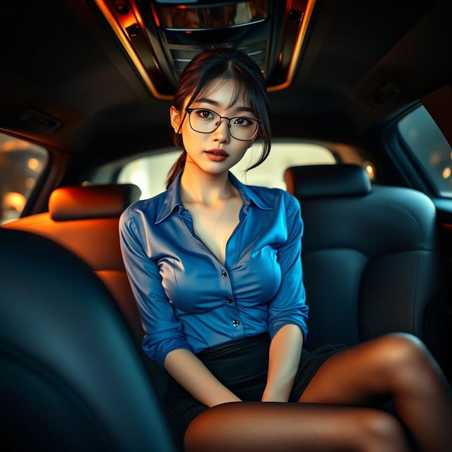 A stunning and sexy young Japanese woman sitting in the back of a luxurious limousine