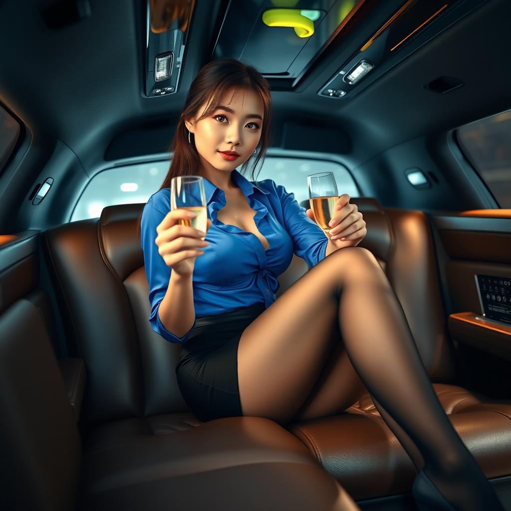 A stunning and sexy Japanese young woman sitting in the back of a luxurious limousine