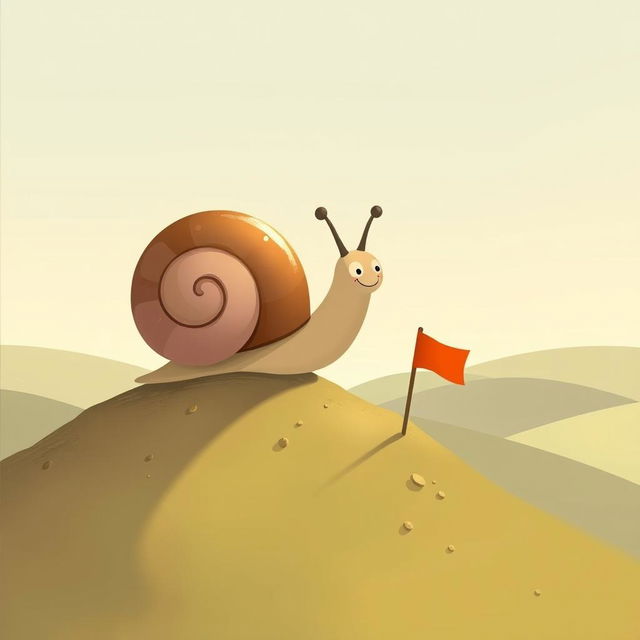 A small snail triumphantly reaching the top of a hill, with a tiny flag planted in the ground before it