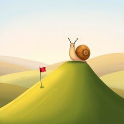 A small snail triumphantly reaching the top of a hill, with a tiny flag planted in the ground before it