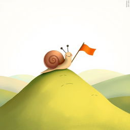 A small snail triumphantly reaching the top of a hill, with a tiny flag planted in the ground before it