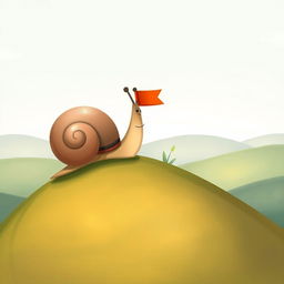 A small snail triumphantly reaching the top of a hill, with a tiny flag planted in the ground before it