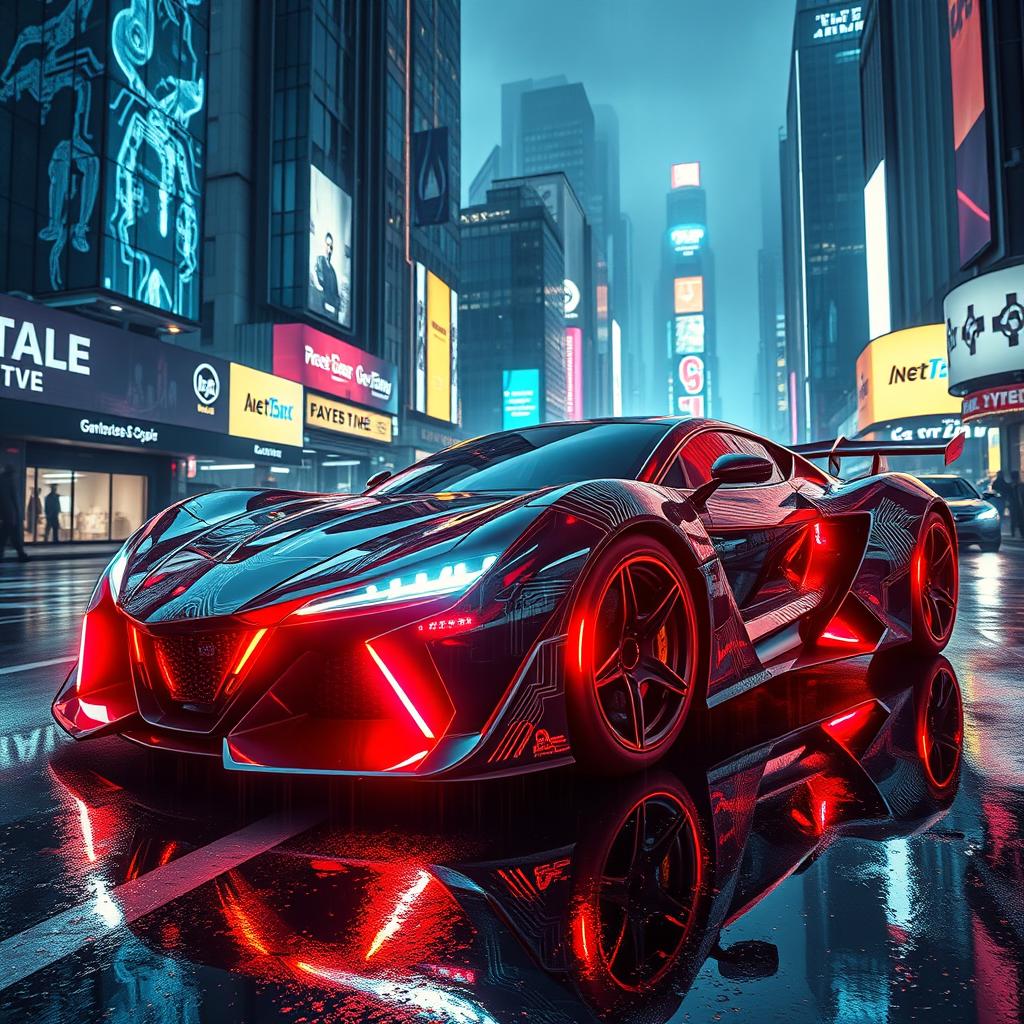 A sleek futuristic car inspired by cyberpunk aesthetics, featuring glowing neon lights, a metallic chrome body with sharp aerodynamic lines, and intricate circuit patterns integrated into the design