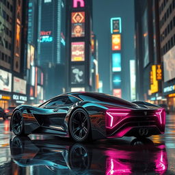 A sleek futuristic car inspired by cyberpunk aesthetics, featuring glowing neon lights, a metallic chrome body with sharp aerodynamic lines, and intricate circuit patterns integrated into the design