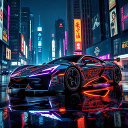 A sleek futuristic car inspired by cyberpunk aesthetics, featuring glowing neon lights, a metallic chrome body with sharp aerodynamic lines, and intricate circuit patterns integrated into the design