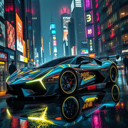 A sleek futuristic car inspired by cyberpunk aesthetics, featuring glowing neon lights, a metallic chrome body with sharp aerodynamic lines, and intricate circuit patterns integrated into the design