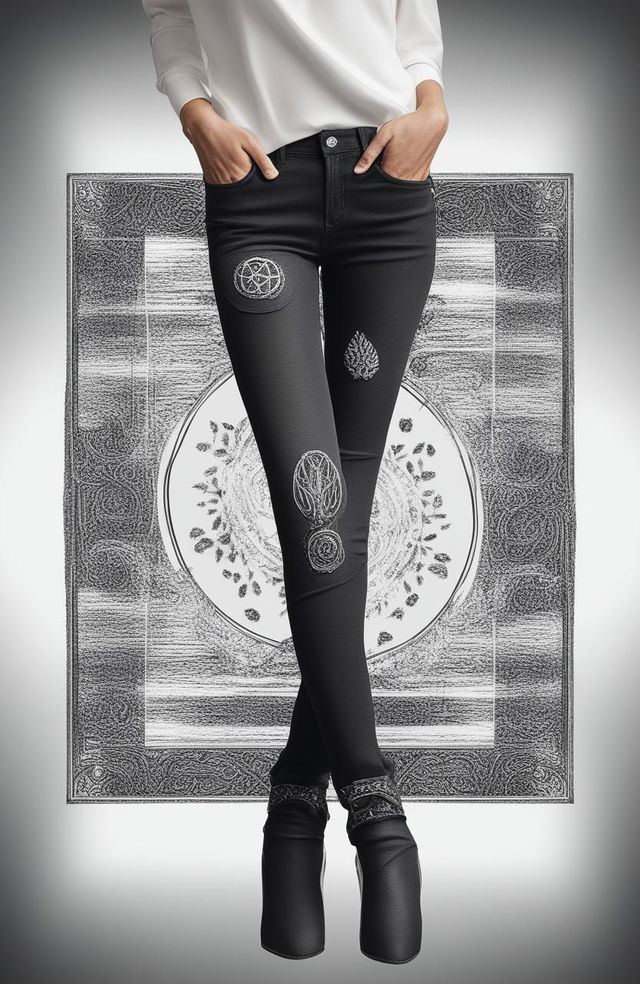 This high-quality digital art piece features a pair of black graphic jeans as its centerpiece