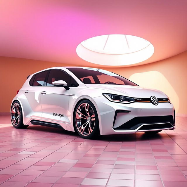 A digital rendering of a futuristic hatchback in a sleek, curvy design, showcasing a striking white color