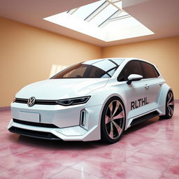 A digital rendering of a futuristic hatchback in a sleek, curvy design, showcasing a striking white color