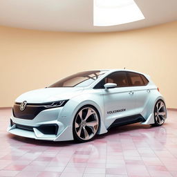 A digital rendering of a futuristic hatchback in a sleek, curvy design, showcasing a striking white color