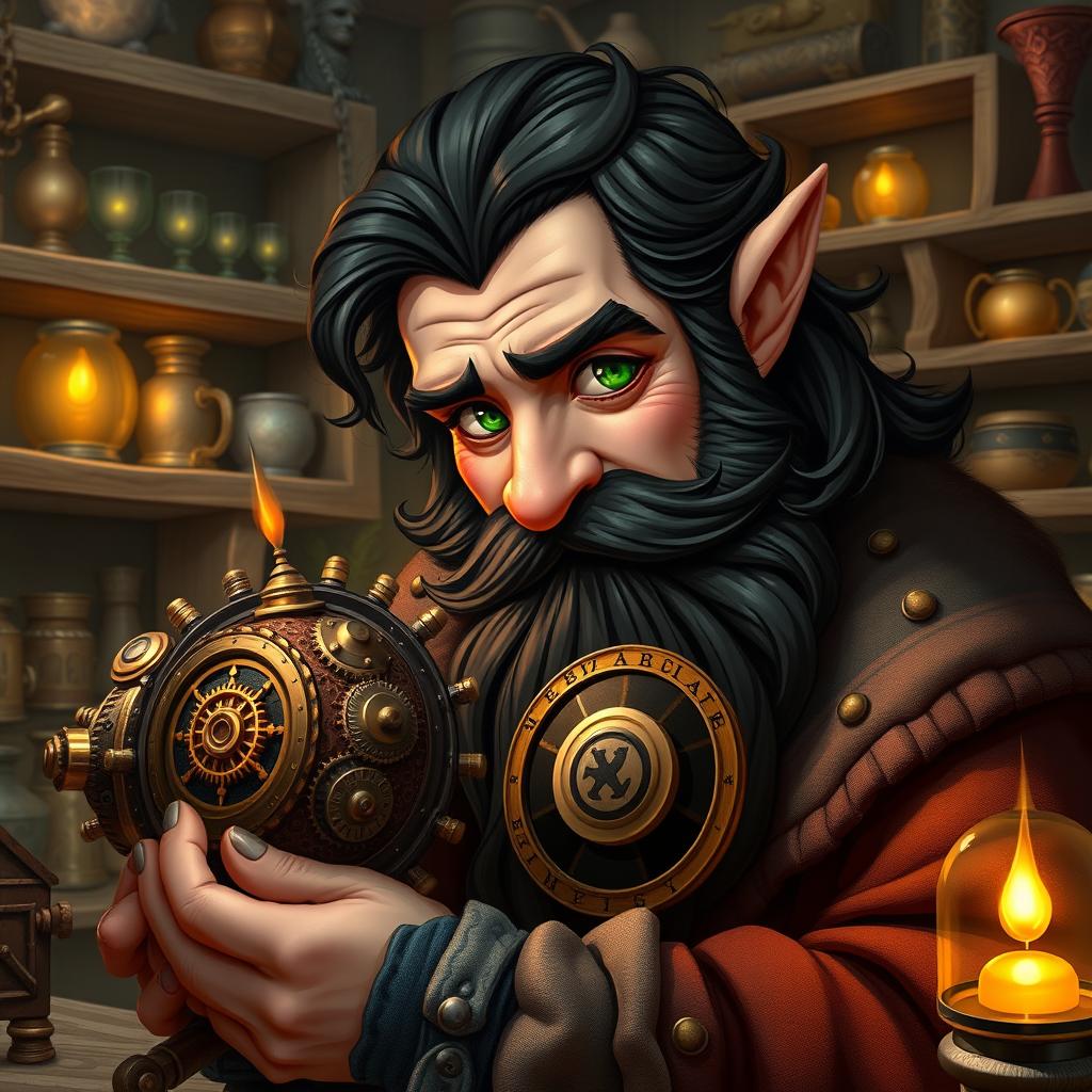A highly detailed and realistic art style depicting a dexterous male gnome wizard characterized by perfectionism