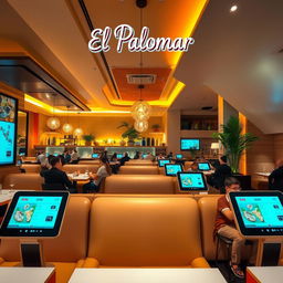 A captivating photograph of the 'El Palomar' restaurant interior, showcasing a modern and digital atmosphere