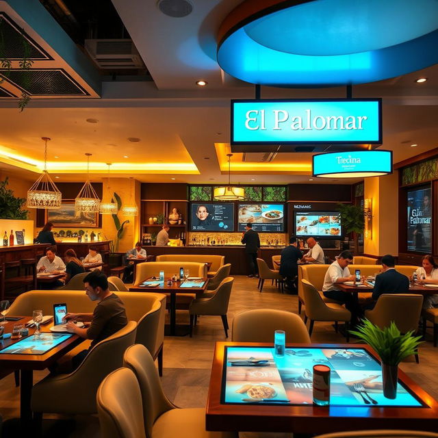 A captivating photograph of the 'El Palomar' restaurant interior, showcasing a modern and digital atmosphere