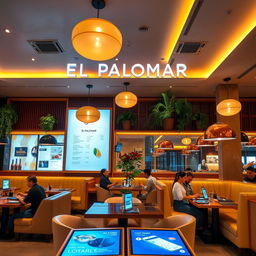 A captivating photograph of the 'El Palomar' restaurant interior, showcasing a modern and digital atmosphere