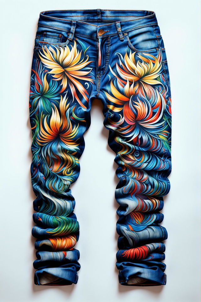 This high-quality digital art image features a pair of deep blue graphic jeans with a vibrant Birds of Paradise design