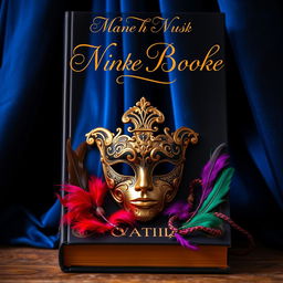 A captivating book cover featuring an ornate Venetian mask at the center, intricately designed with gold and intricate patterns
