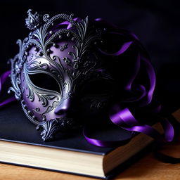 A captivating book cover featuring an elegant Venetian mask adorned with intricate designs, primarily in black and violet hues