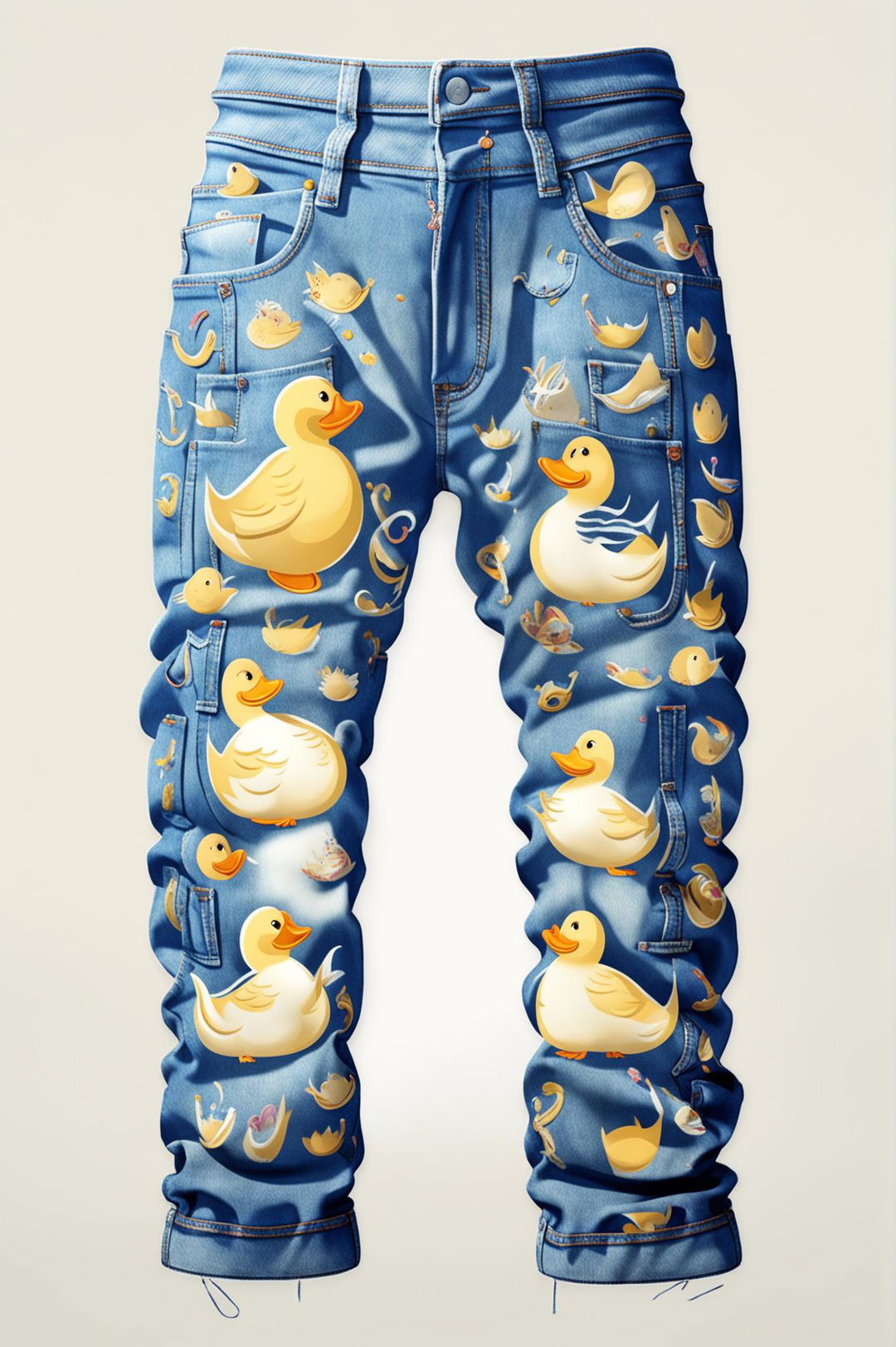 This high-quality digital art image features a pair of washed blue graphic jeans with a playful, cartoon-style duck print