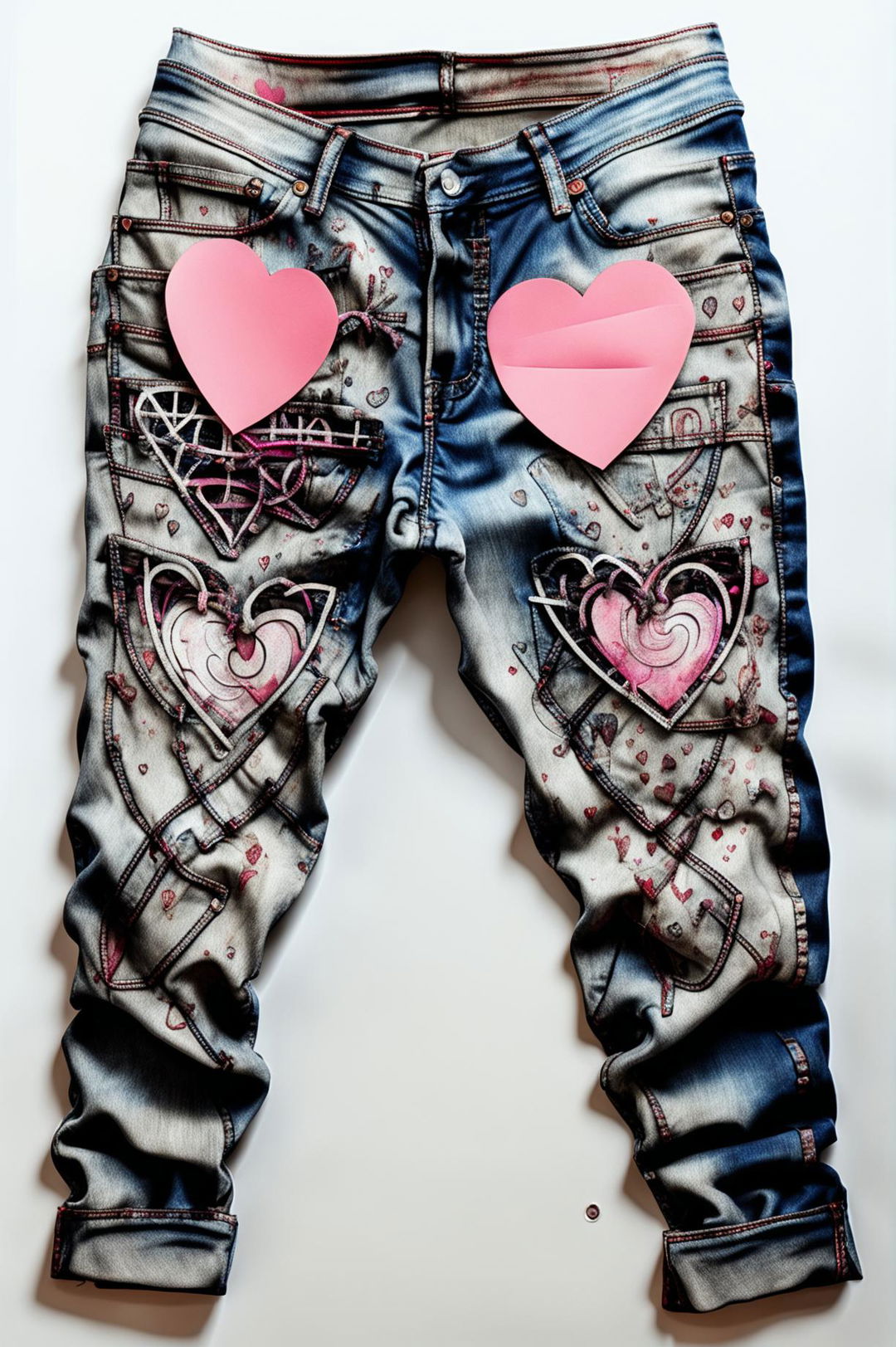 This high-quality digital art image features a pair of faded blue distressed graphic jeans adorned with vibrant pink and red hearts