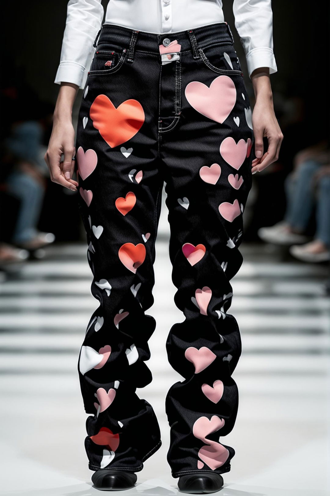 This high-quality digital art image features a pair of black graphic jeans in the style of Comme des Garçons, adorned with a vibrant red heart print