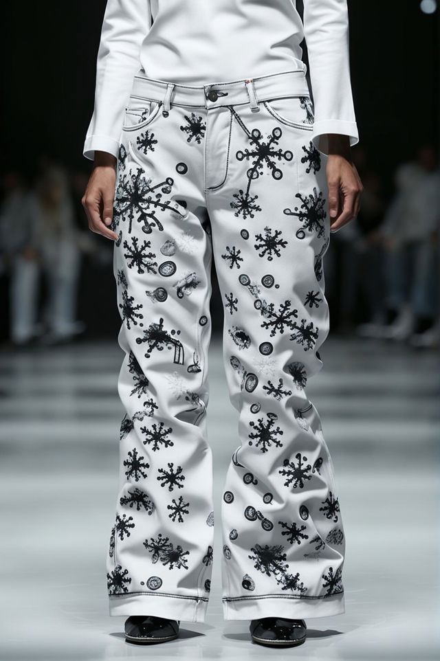 This high-quality digital art image features a pair of stark white graphic jeans in the style of Maison Margiela, adorned with an intricate snow print