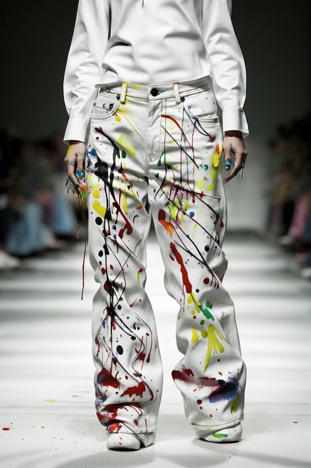 This high-quality digital art image features a pair of clean white graphic jeans in the style of Maison Margiela, adorned with a vibrant paint splattered print