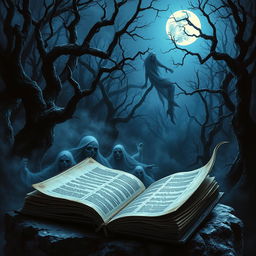 A dark and mysterious book cover featuring a shadowy forest with twisted trees and an eerie mist