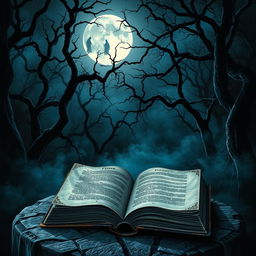A dark and mysterious book cover featuring a shadowy forest with twisted trees and an eerie mist