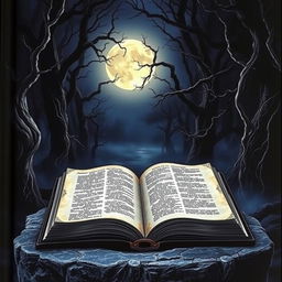A dark and mysterious book cover featuring a shadowy forest with twisted trees and an eerie mist