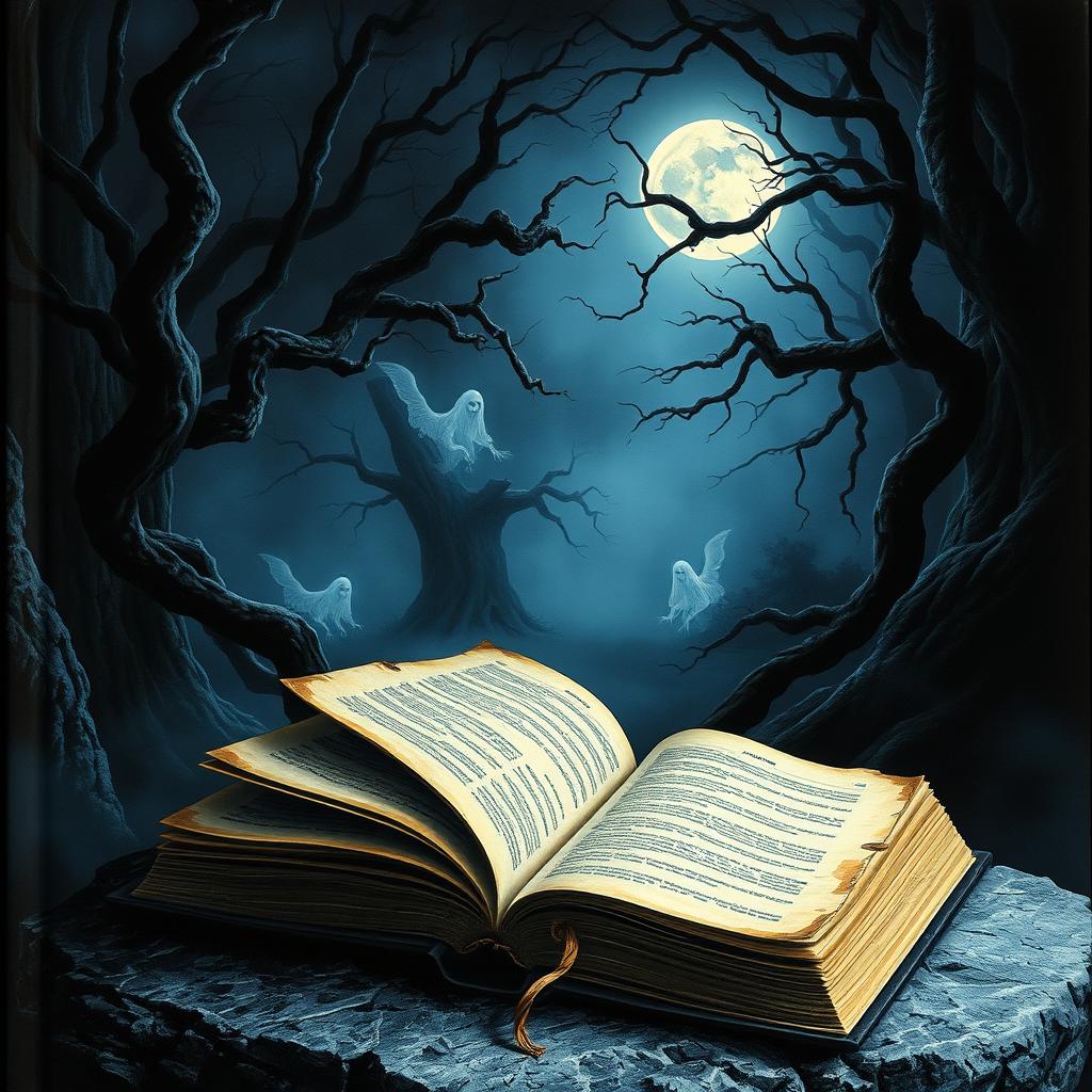 A dark and mysterious book cover featuring a shadowy forest with twisted trees and an eerie mist