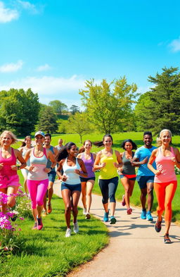 A vibrant outdoor scene depicting a diverse group of individuals jogging together in a scenic park